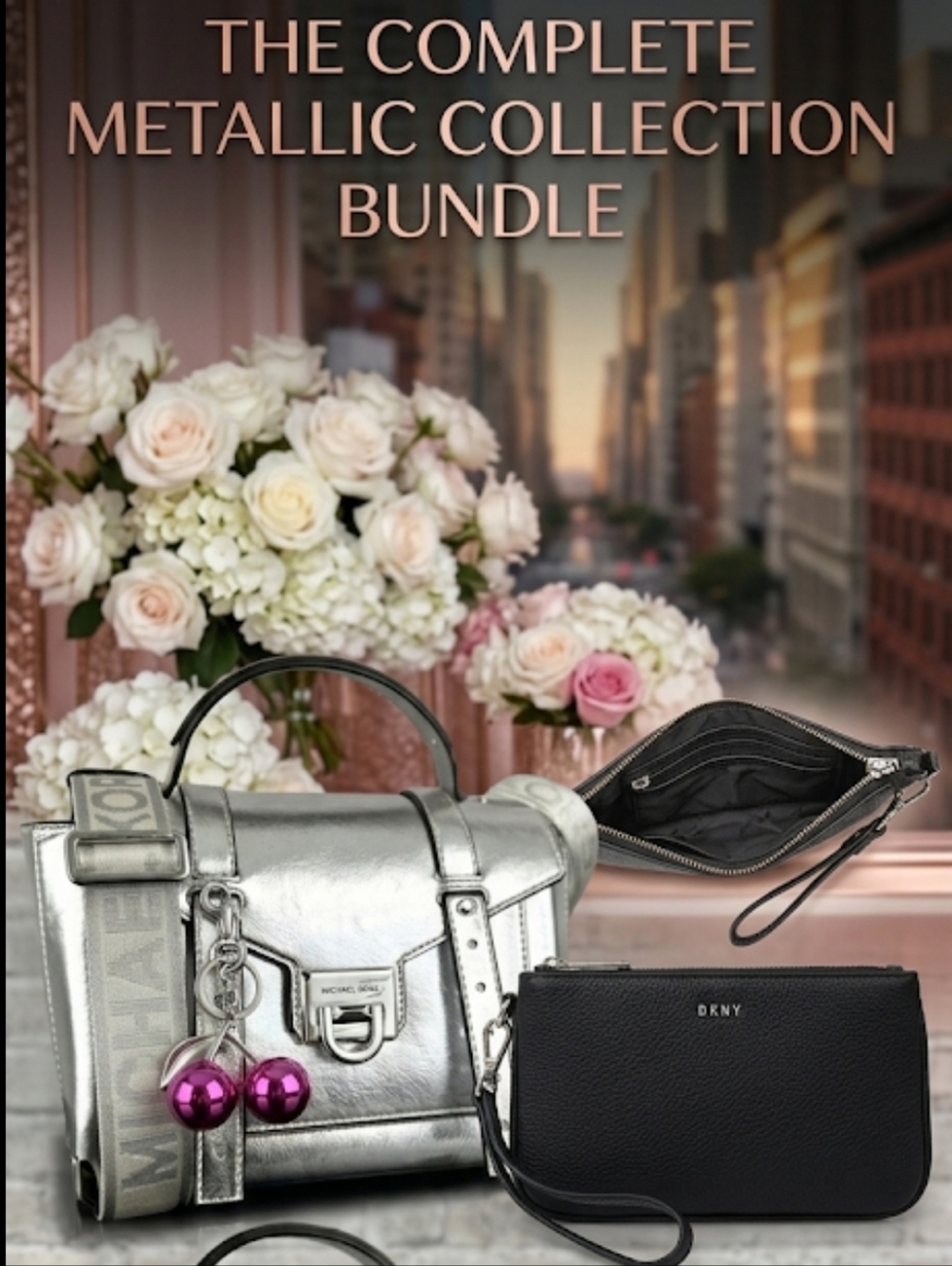 3pc Bundle : Michael kors Silver Manhattan Crossbody Bag, Wristlet & Bag Charm